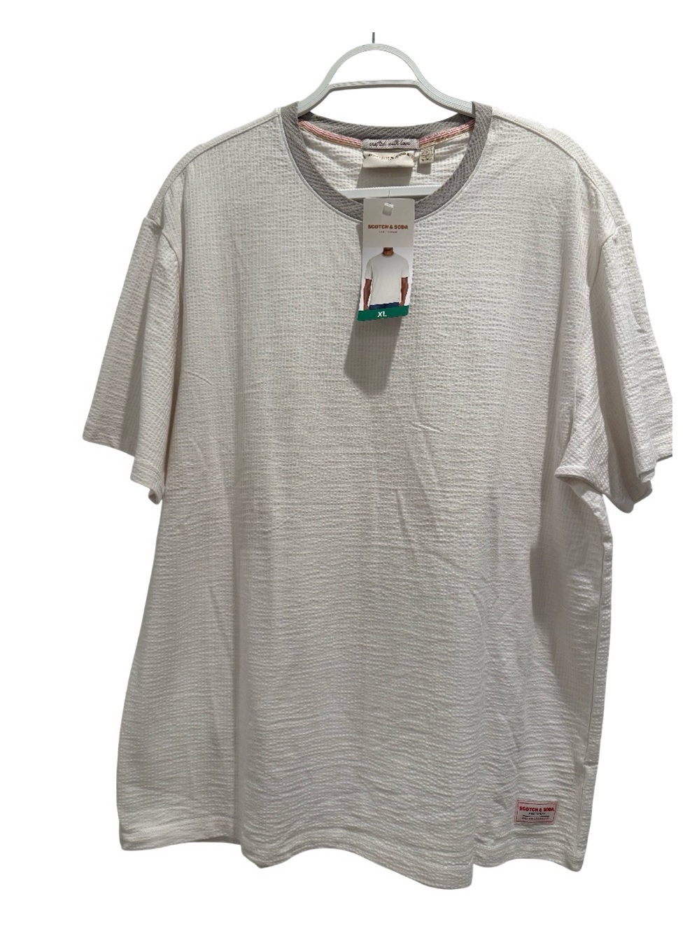 Scotch & Soda White Short-Sleeve Textured Crewneck with Gray Trim